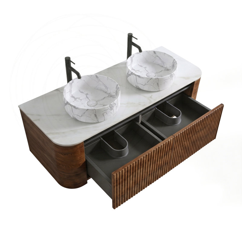 Meuble-lavabo double 60 po avec lavabo blanc Carrara et porte-serviettes 60 po, Walnut, L 60 po