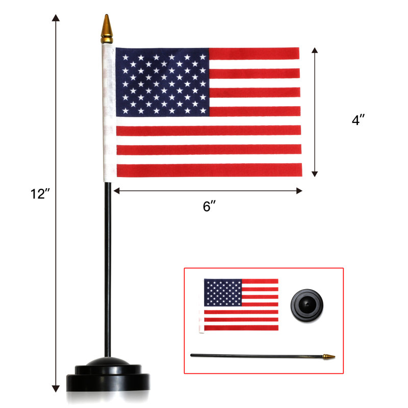 Ensemble de drapeaux de bureau SA Deluxe - drapeau américain miniature de 6 po x 4 po avec mât uni de 12 po - couleurs vives et résistant à la décoloration - base noire et plateau de lance