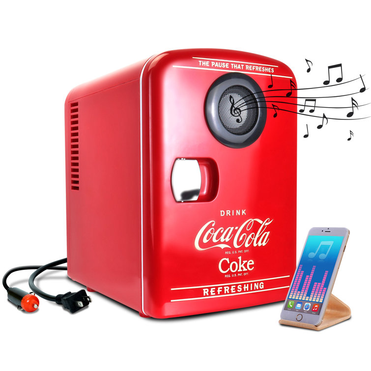 https://assets.wfcdn.com/im/24249421/resize-h755-w755%5Ecompr-r85/2506/250673669/Coca-Cola+4.2+Qt.+Mini+Fridge%2C+6+Can+Mini+Cooler+with+Bluetooth+Speaker.jpg