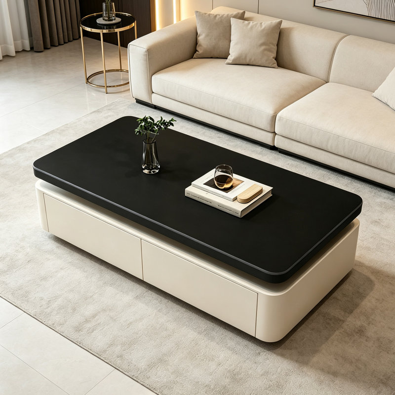 Table basse contemporaine avec rangement dissimulé, 17.71" H x 51.18" W x 27.55" D, Black / Cream