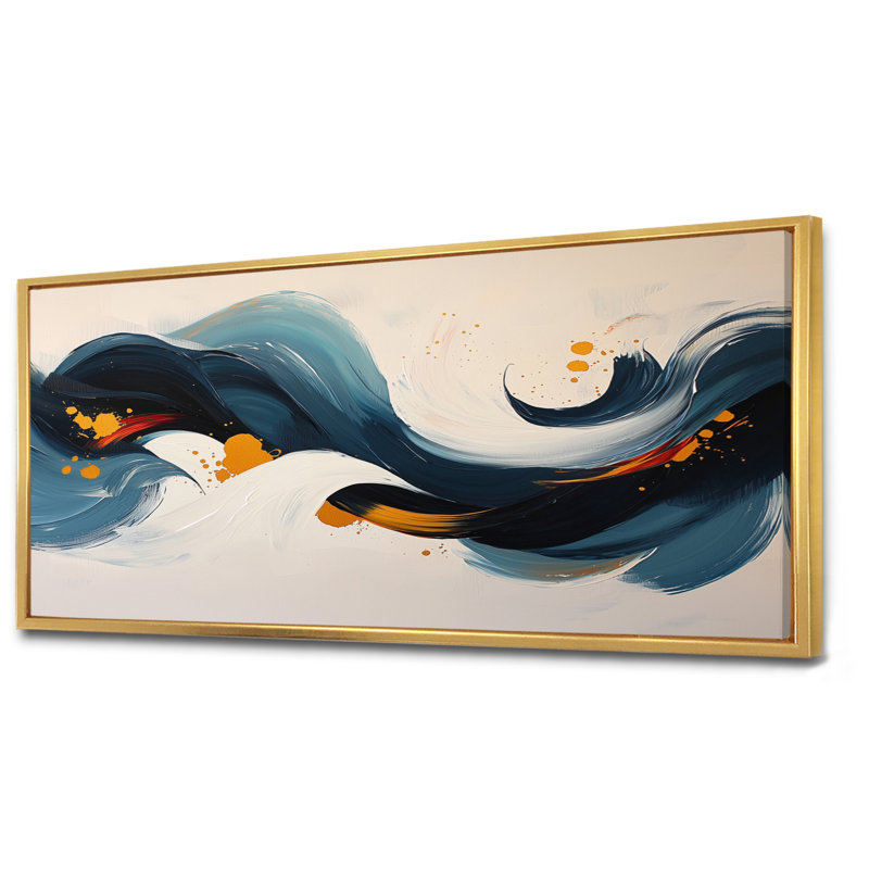 «Omor Roots And Reflections Of Abstract Waves III», art mural abstrait sur toile, H 28 po x l 60 po, Cadre flottant, Doré