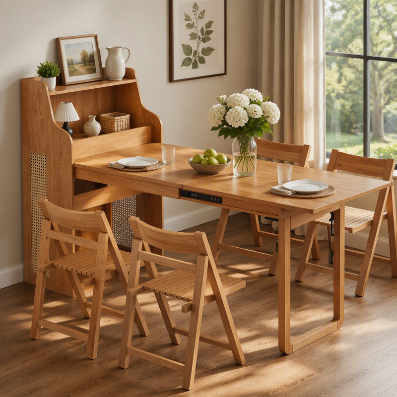 Ensemble de table et de chaises de salle à manger escamotables en rotin avec chargement USB, gain de place et multifonctionnel pour les cuisines modernes