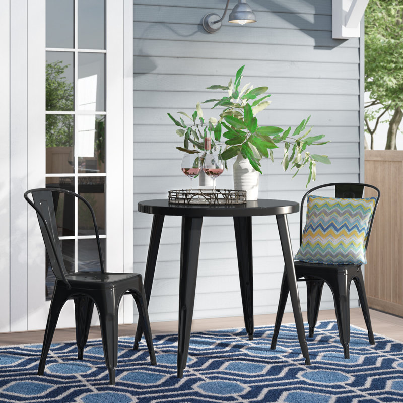 Brinson Round Steel Bistro Set (Set of 3), Black, 17.5"