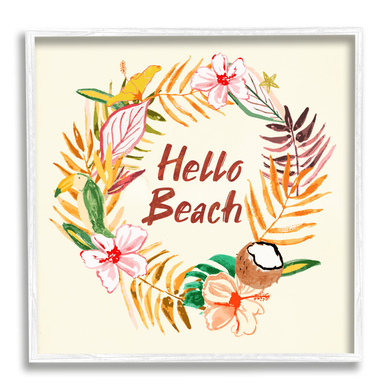 «Hello Beach Greeting Warm Tropical Palm Wreath», estampe numérique encadrée de Junco. Studio, H 24 po x l 24 po x P 1,5 po