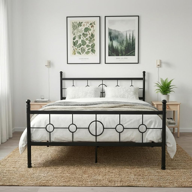 Metal Bed Frame with Vintage Circular Headboard and Footboard, Heavy-Duty Iron Platform Bed, Twin