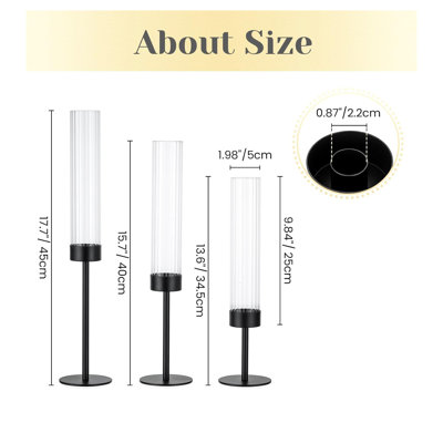 3 Pack Black Hurricane Glass Taper Candlestick Holders, Tall Tabletop Decor for Wedding Christmas