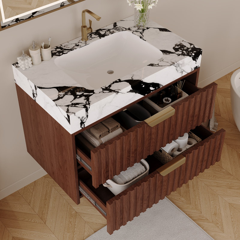 Meuble-lavabo flottant moderne de 30 po avec plateau en pierre frittée sans soudure et lavabo en céramique, White&black