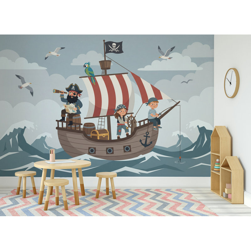 Adhésif mural bateau pirate, aventure océanique, 120 po x 96 po, Texturé non collé