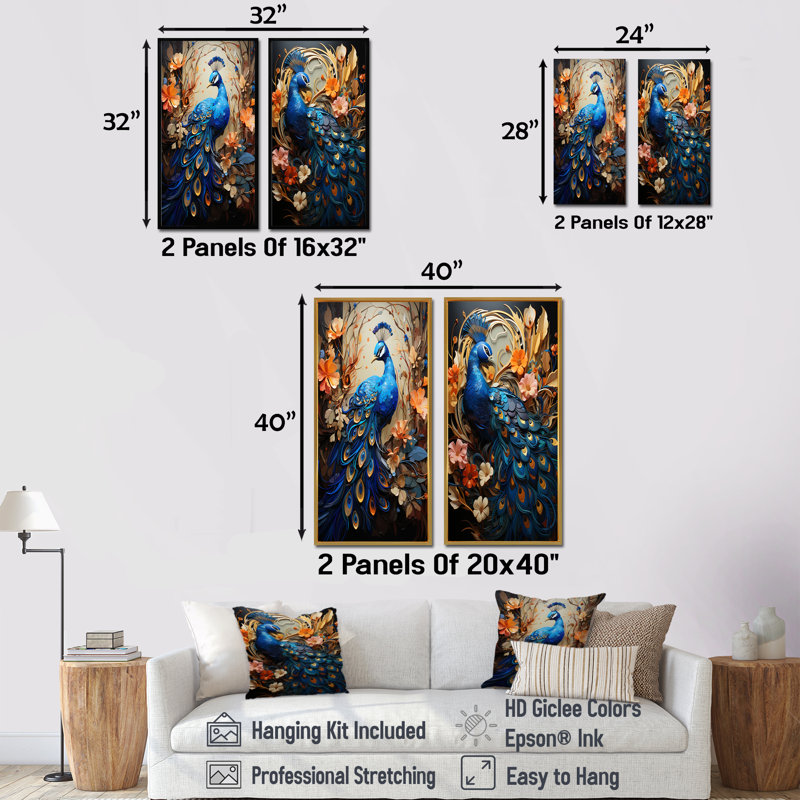 Majestic Blooming Plumage Peacock - Ensemble de salon mural art paon, Encadrement brun, H 40 po x l 41 po