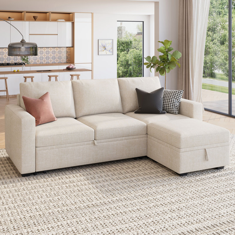 Anureet L-Shaped Sectional Modular Sofa Bed With Storage Seat, Beige Polyester Blend