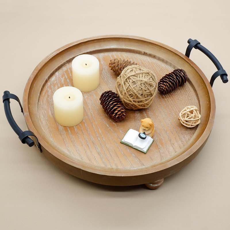 Plateau décoratif en bois 13 pouces avec poignées en métal pour table basse