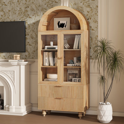 Bibliothèque en bois avec portes, bibliothèque haute en verre, armoire de rangement en verre de 71 po de hauteur, nature