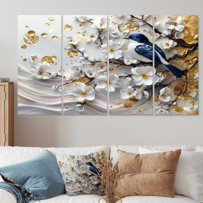 «Blue Bird On Orchid Tree Garden» - ensemble d'art mural cerisier en fleurs