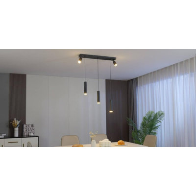 5-Light Cylinder Kitchen Island Pendant Fixture, Adjustable Length, Matte Black Finish For Modern Design, No Bulb Included