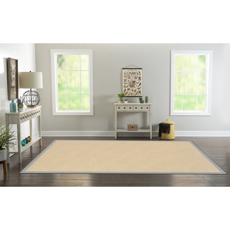 Nannette Handmade Light Beige Berber with Ice Blue Cotton Border Area Rug