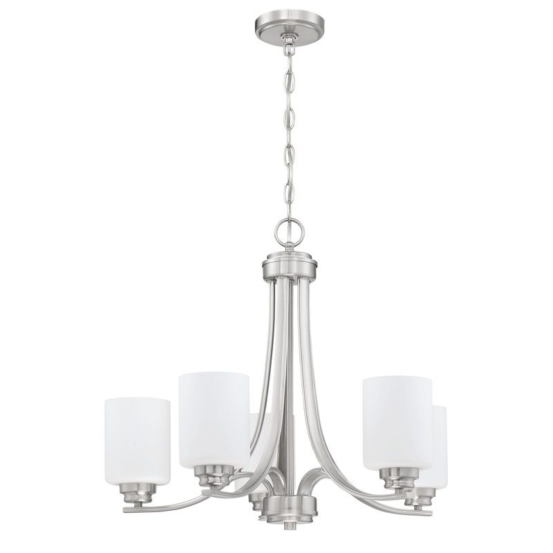 5 - Light Dimmable Empire Chandelier, White Frosted, Brushed Polished Nickel