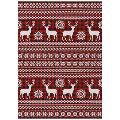 Machine Washable Indoor/Outdoor Christmas Reindeers Xhevrie Red Rug