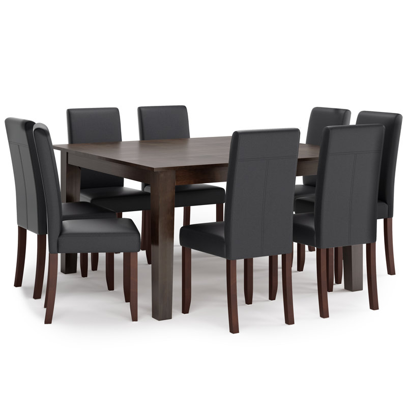 Acadian / Eastwood 9-Piece Dining Set with Solid Hardwood Square Table and 8 High-Back Upholstered Chairs, Distressed Black
