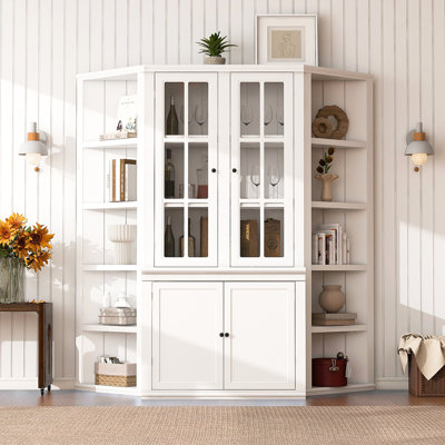 Vitrine de 75,25 po de hauteur et deux tablettes triangulaires à côtés, combinaison murale de style rétro de 69,25 po de largeur avec portes en verre, pour les couloirs, le salon, le bureau, le studio ou l'espace de travail