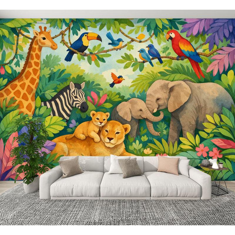 Papier peint auto-adhésif Jungle Giraffe Elephant Zebra Lion Cubs Tropical Leaves, L 144 po x l 100 po