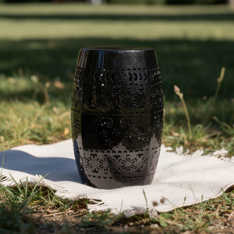 Glena Outdoor End Table, Intricate Lace Cut Design, 12 Inch Black Iron, Black