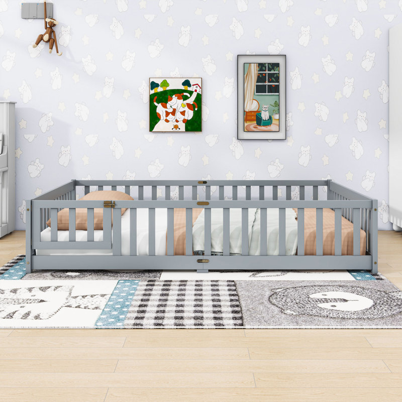 Queen Size Wood Floor Bed With Fence Door And Sturdy Slats, Gray