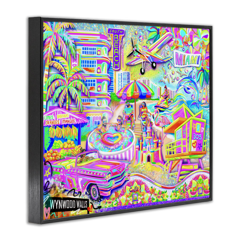 «Miami Fun Collage Giclee» par Jess Stempel, Giclée encadrée noir minuit, H 16 po x l 20 po