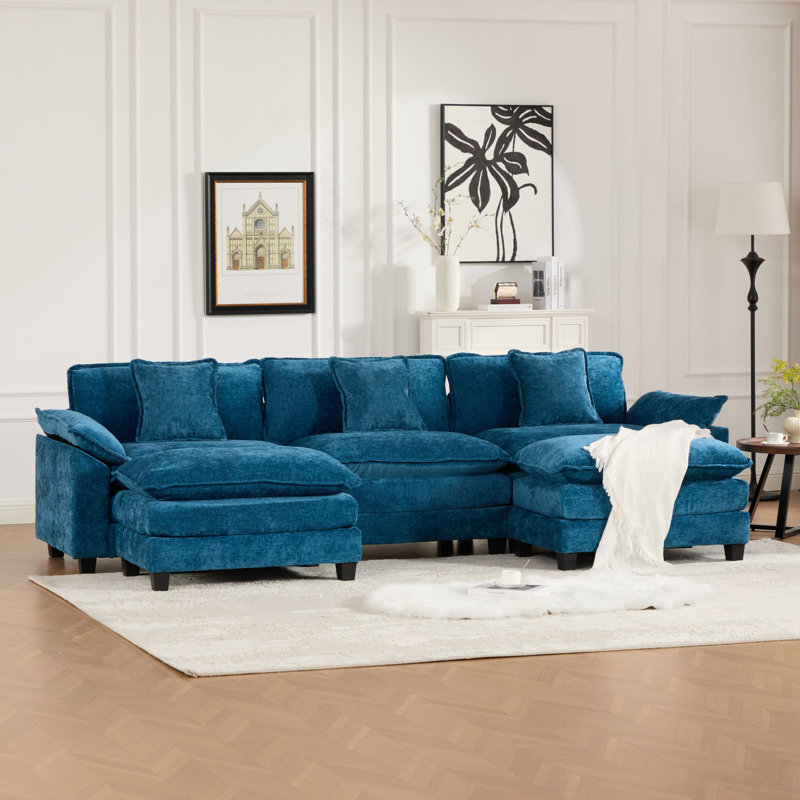 Canapé modulaire en forme de U Grid, canapé surdimensionné avec repose-pieds, Chenille bleu, H 33 po x l 117 po x P 30 po