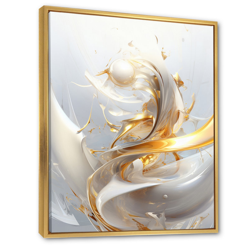 Sphère dorée fractale sur fond blanc sur toile, Cadre flottant doré, H 44 po x l 34 po x P 1,5 po