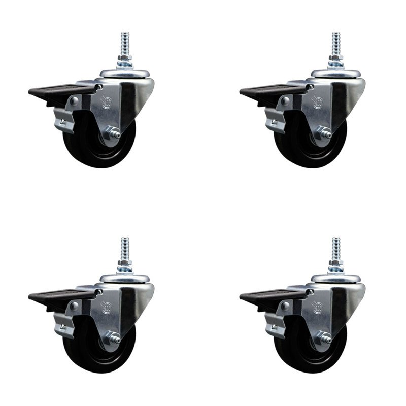 3 Inch Phenolic 12MM Threaded Stem Caster Set with Brake