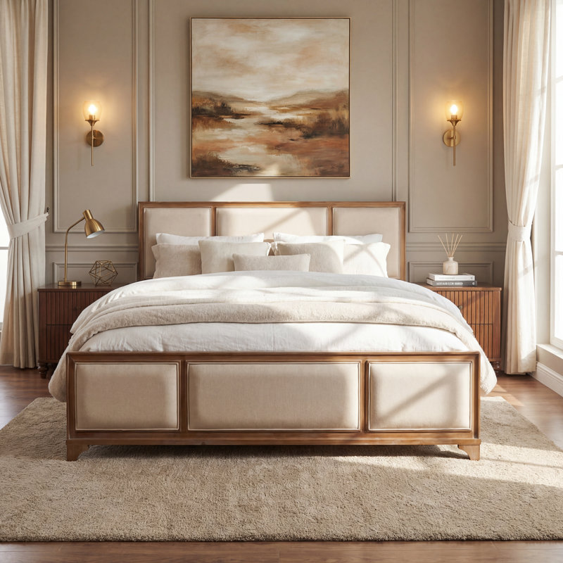 Base de lit plateforme en bois avec tête de lit tapissier Tatum, Beige et naturel, Très grand lit