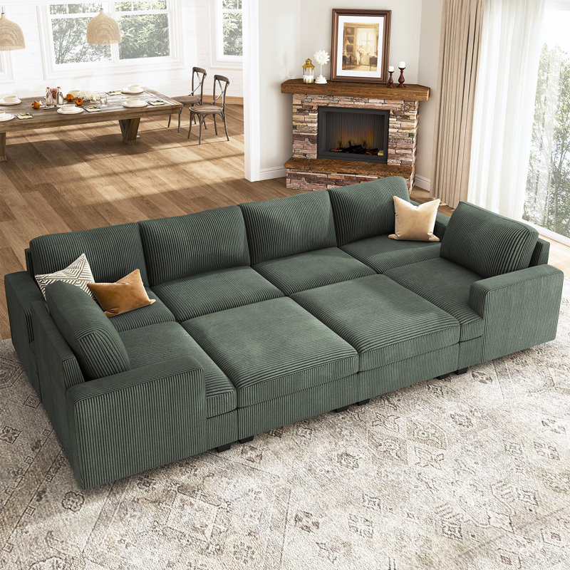 Anureet Modular Sectional Sofa U-Shaped Sleeper Sofa Bed With Storage Space, Green Corduroy, 35" H x 120.6" W x 65" D