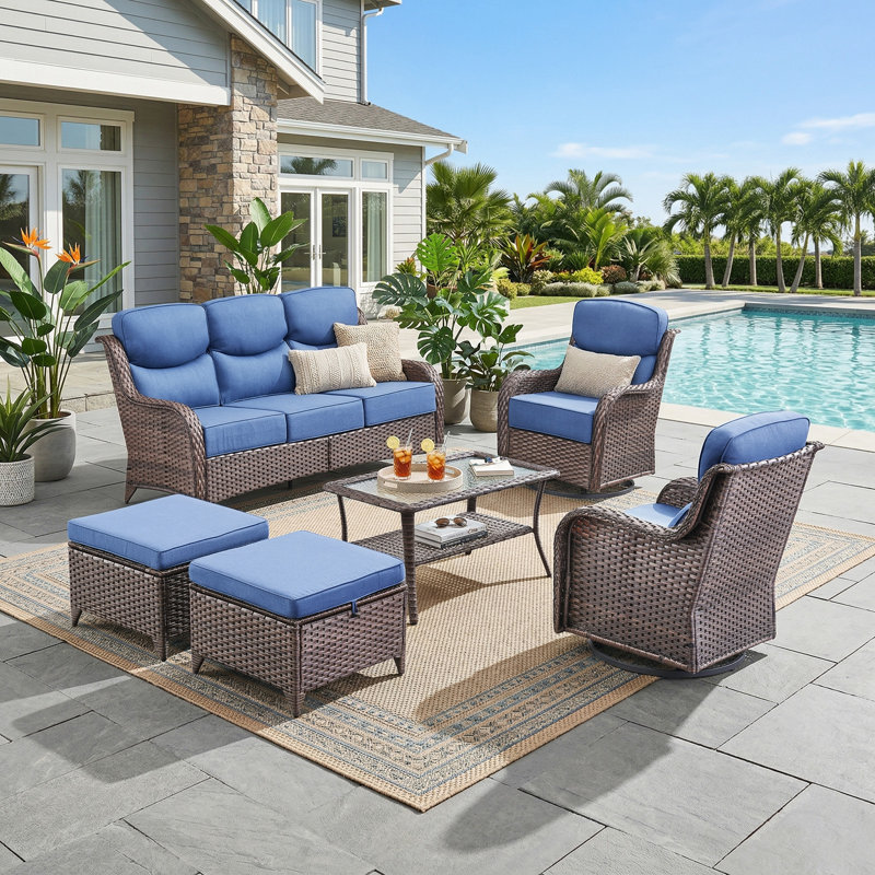 Wickes Haven 6-Pieces PE Wicker Outdoor Patio Conversation Set With 6" Thickness Cushions, Blue, Brown