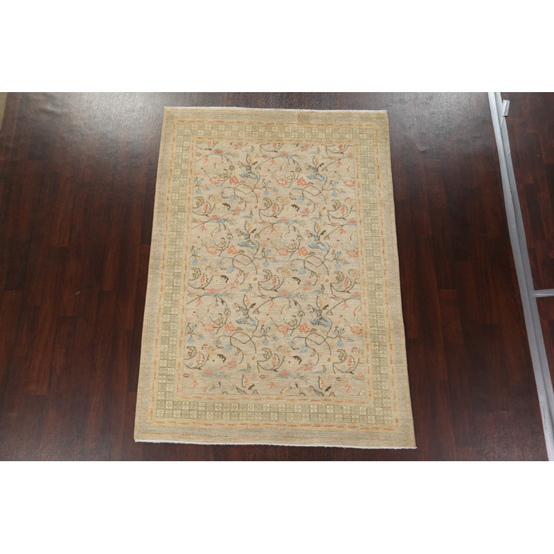 Tapis beige en laine noué à la main de conception unique 5 pi 7 po x 8 pi 0 po Ziegler