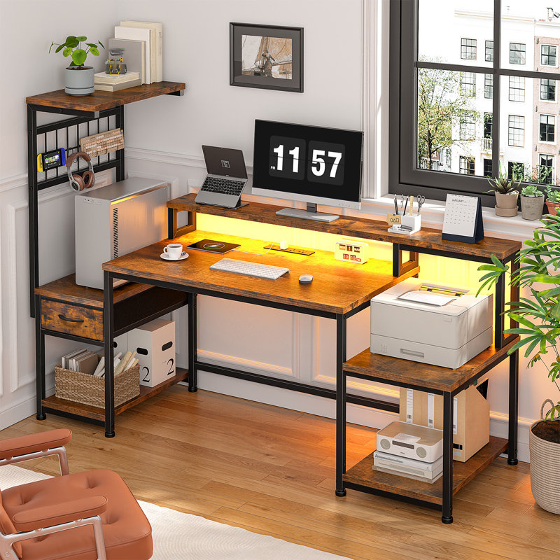 Gaming Desk With Hutch & Monitor Stand,Corner Computer Desk With LED Lights & Outlets For Home Office, Brown/Black