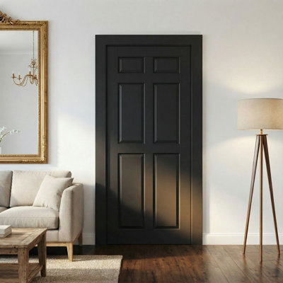 Interior Slab Door 6-Panel Modern Solid Core Black Primed Shaker Standard Door Interior Paneled Door For Bedroom ＆ Living Room W/O Hardware Kit 28" x 80"