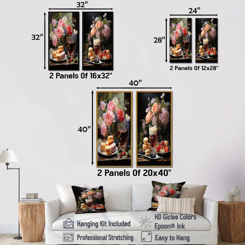 Ensemble de 2 décorations murales Dessert Harmony And Flowers - Desserts, H 32 po x l 33 po, Cadre noir