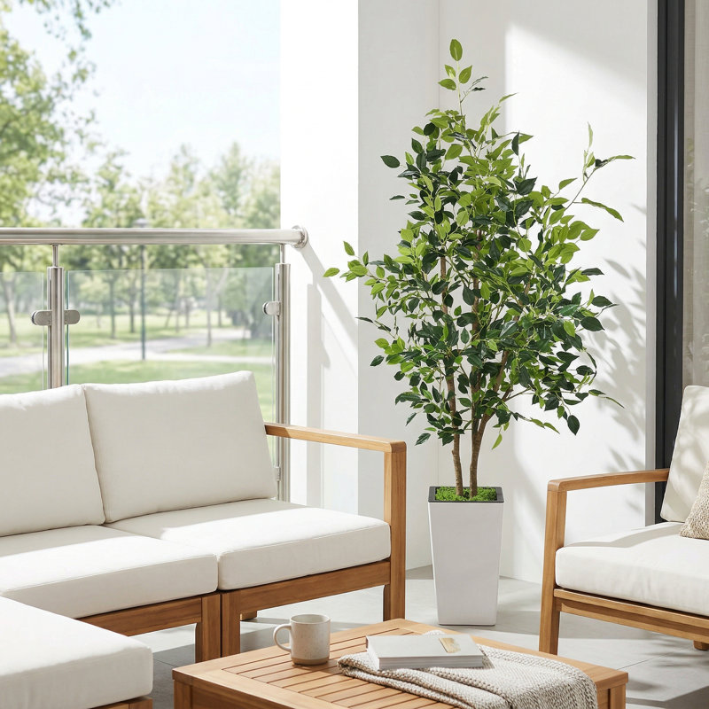 Ficus artificiel réaliste de 6 pi, feuilles de soie réalistes résistantes aux rayons UV avec jardinière blanche pour la maison