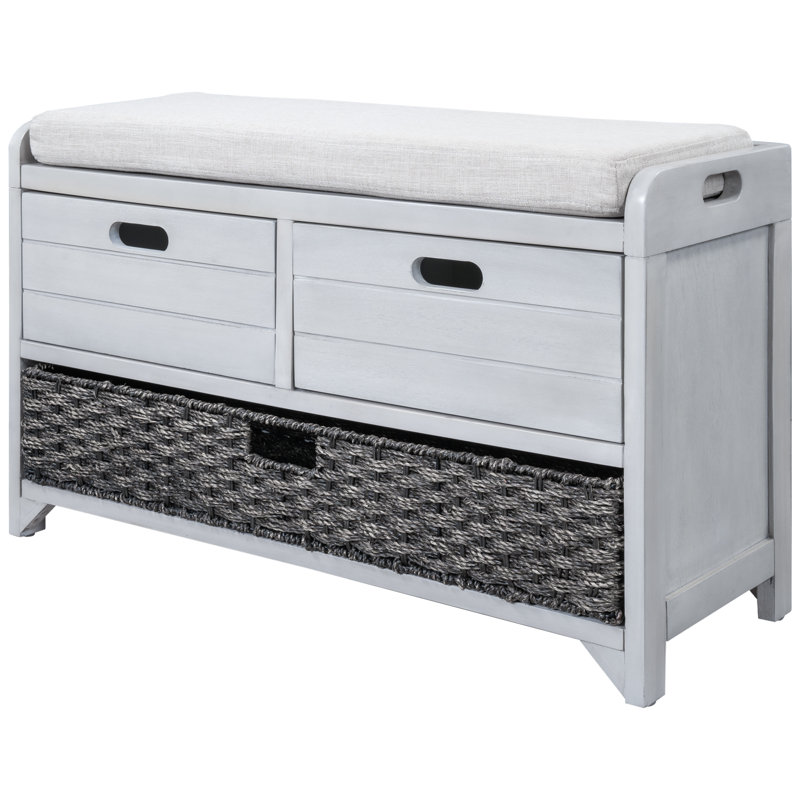 Banc de rangement pour hall d'entrée avec panier amovible et 2 tiroirs Khalin, Blanc