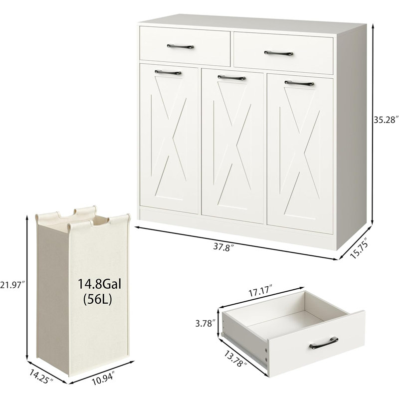 Armoire pour panier à linge, panier à linge 3 sections avec 2 tiroirs de rangement, trieur de linge avec grands sacs amovibles, 3 X 14,8 gallons (56L), pour salle de bain, blanc C3961F560214470391FAAEB6760F0545