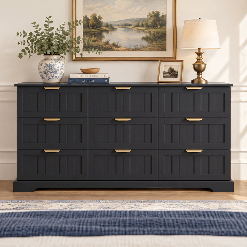 9-Drawer Dresser, 63"W Modern Chest of Drawers with Metal Handle, Black