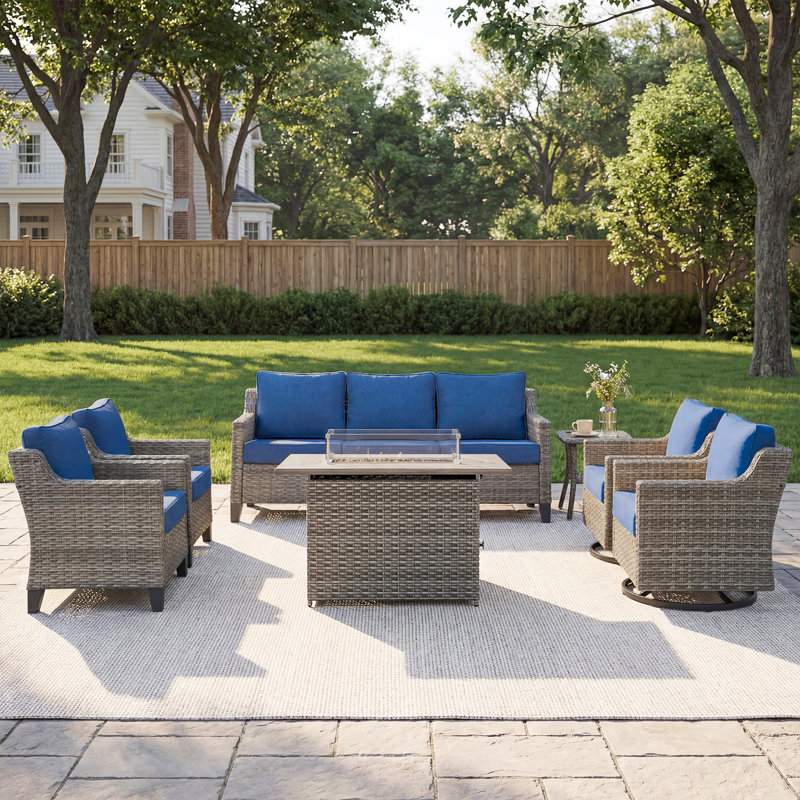 Arlene 7-Pieces Outdoor Courtyard Wicker Night Starry Sky Sofa Conversation Set With Fire Pit, Blue