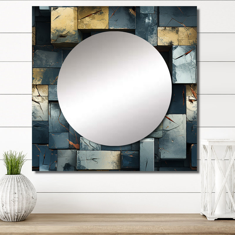 Illusion de mur industriel en béton I - Grand miroir carré moderne pour décoration murale, 36 po x 36 po