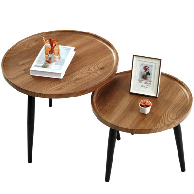 Kently Nesting Round Coffee Table, Living Room Modern Wood Coffee Table, 23.6''D & 18.9''D