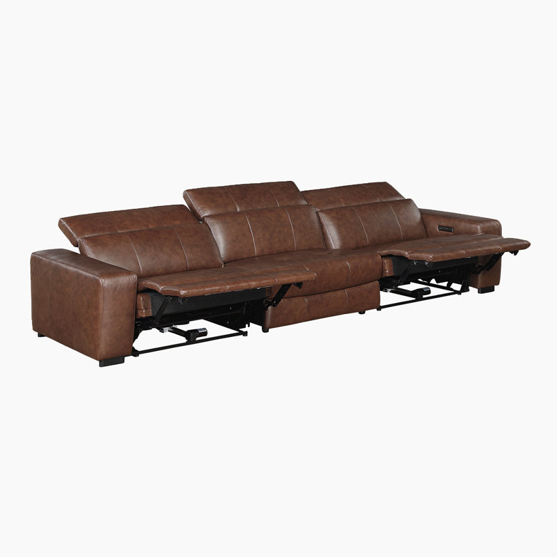 Gainey 126" Modern & Contemporary Top Grain Leather Power Double Reclining Sofa with Integrated USB-A & C Charging Ports and Comfortable Foam