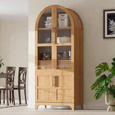 71" Tall Arched Kitchen Pantry Cabinet With Door Shelves, Farmhouse Kitchen Storage Cabinet With Open & Adjustable Shelves, Hidden Drawer & Glass Door, Cupboard