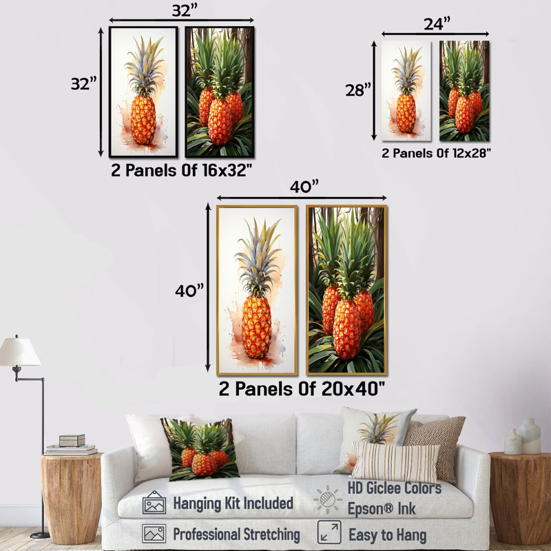 Golden Pineapple Paradise I - ensemble de 2 reproductions d'art ananas, Cadre flottant brun, H 28 po x l 25 po