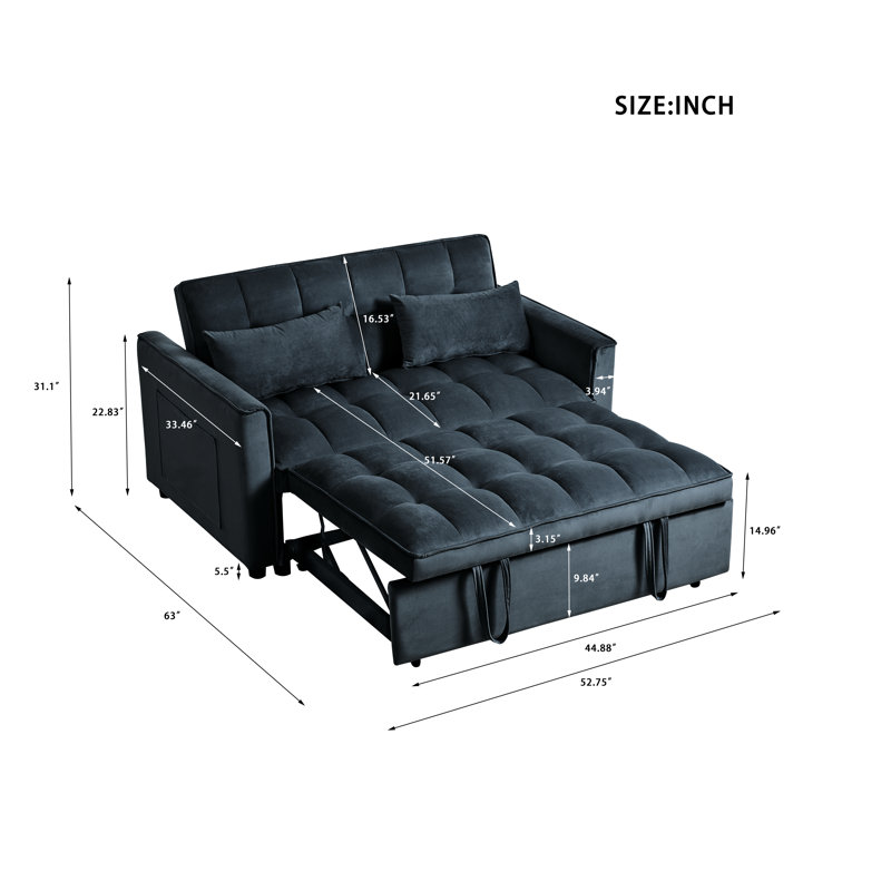 Darius 3-in-1 Convertible Velvet Sleeper Loveseat with Reclining Backrest, Black