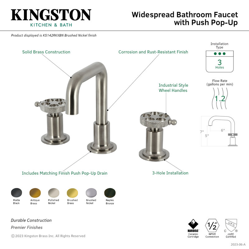 Kingston Brass Webb Two-Handle 3-Hole Deck Mount Widespread Bathroom Faucet with Knurled Handle and Push Pop-Up Drain