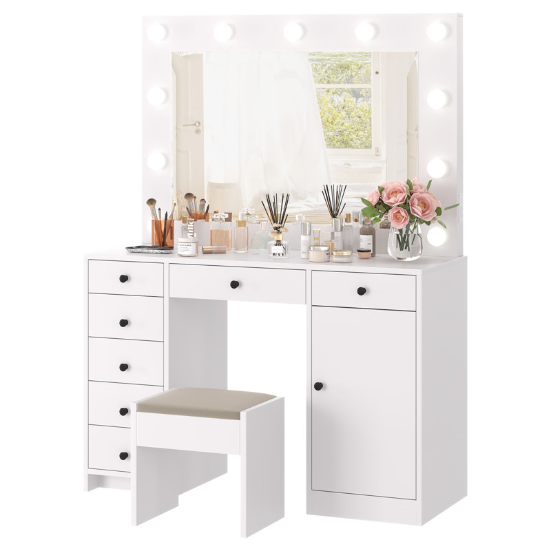 Bureau de coiffeuse avec miroir et lumière, coiffeuse de maquillage avec station de charge, 7 tiroirs de rangement, 1 armoire, 3 modes d'éclairage couleur, coiffeuse en bois moderne pour la chambre à coucher